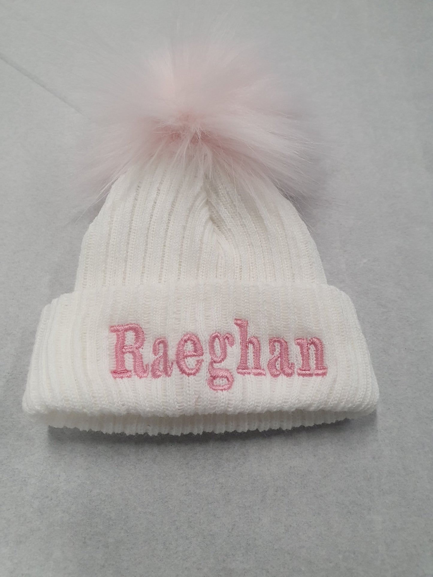 Personalised White Knitted Single Pink Fluffy Faux Fur Pom Hat - Nana B Baby & Childrenswear Boutique