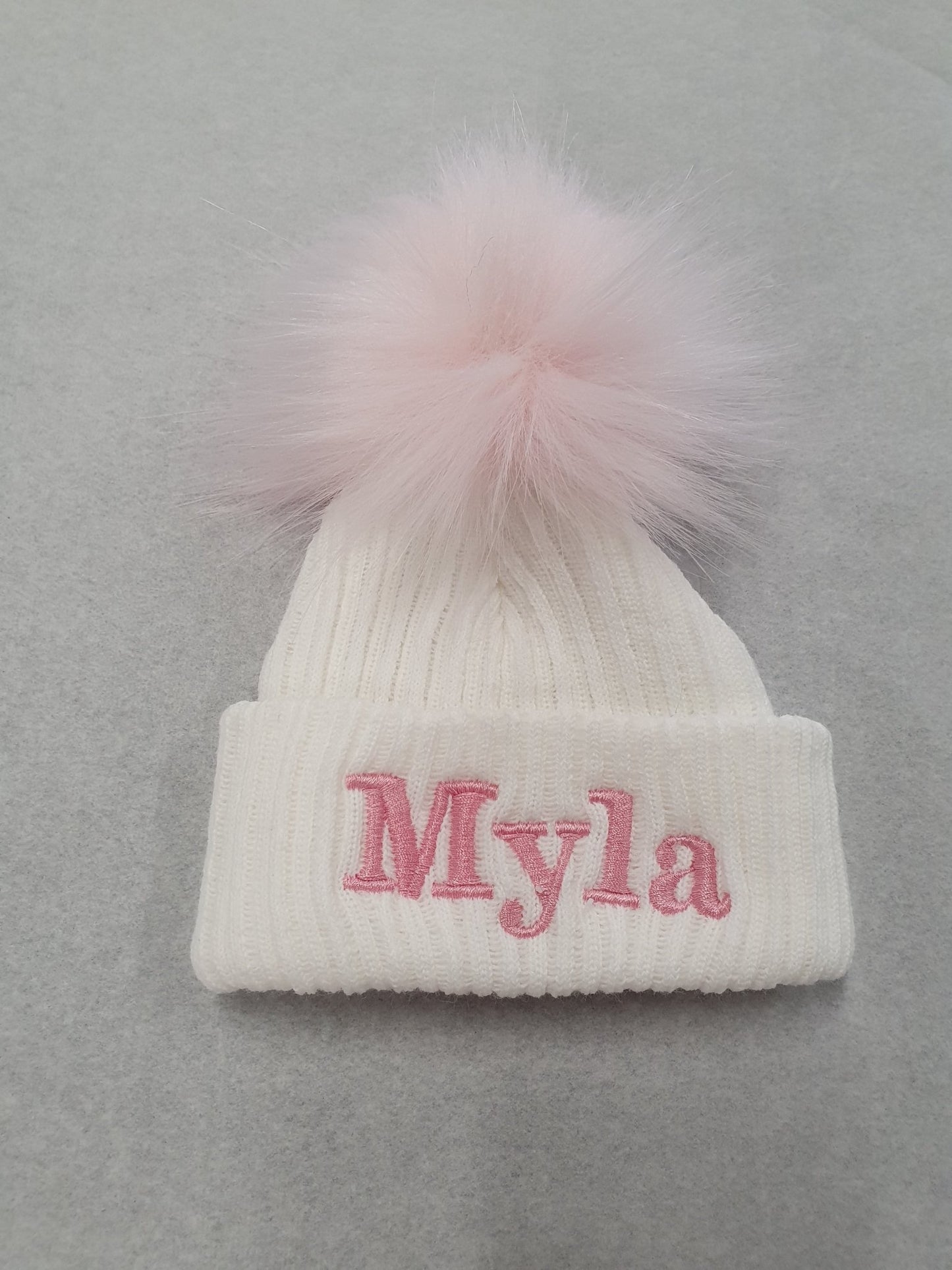 Personalised White Knitted Single Pink Fluffy Faux Fur Pom Hat - Nana B Baby & Childrenswear Boutique