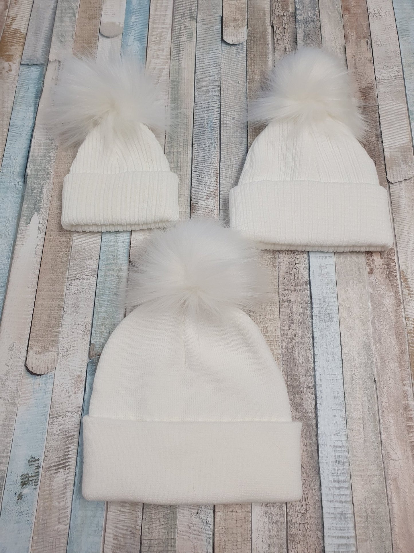 Personalised White Knitted Single White Fluffy Faux Fur Pom Hat - Nana B Baby & Childrenswear Boutique