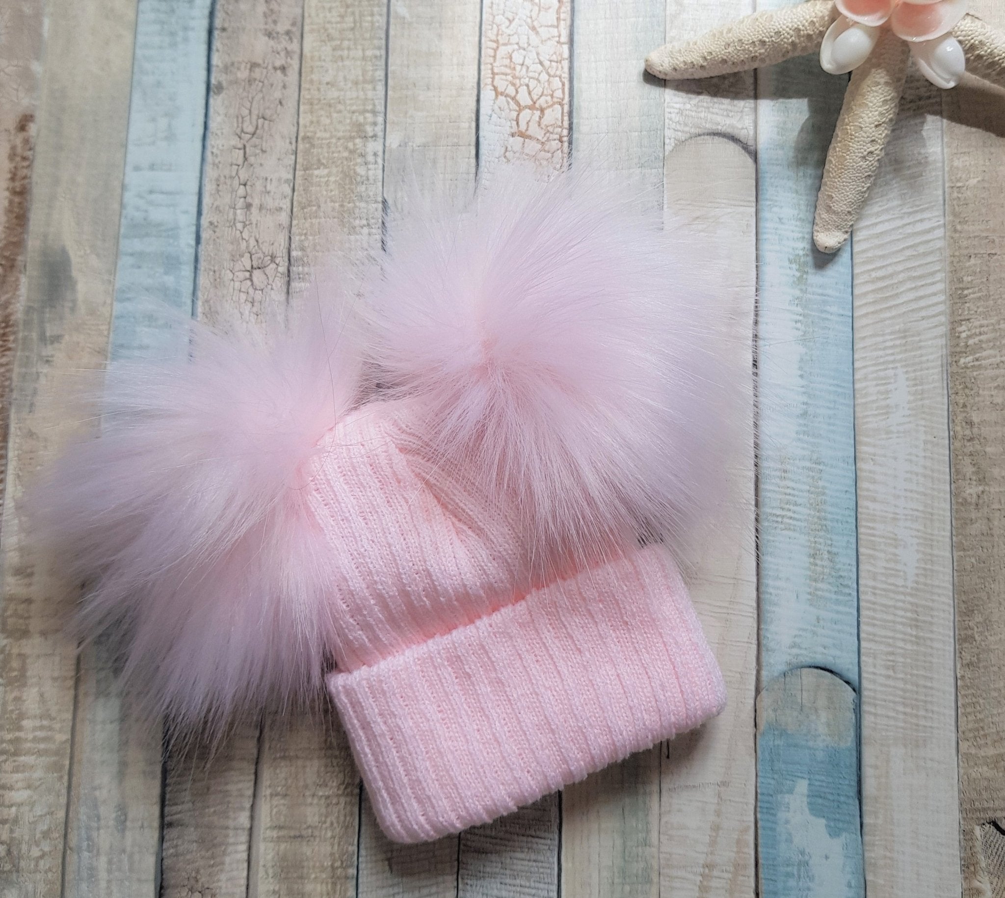 Pink Knitted Double Pink Fluffy Faux Fur Pom Hat