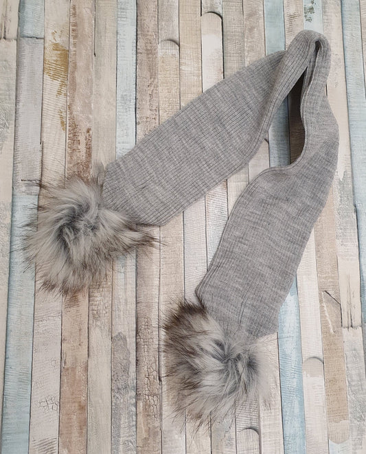 Plain Grey Scarf With Grey Faux Fur Pom - Nana B Baby & Childrenswear Boutique