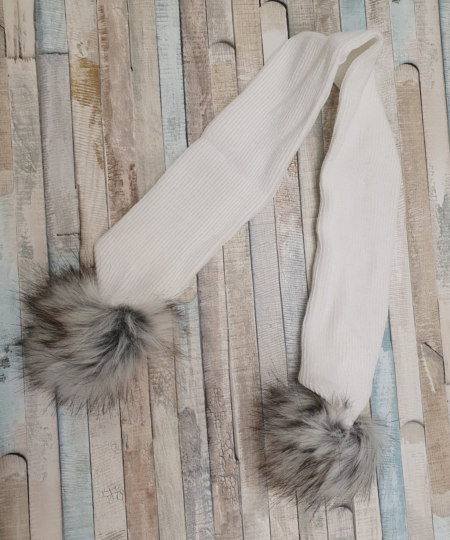 Plain White Scarf With Grey Faux Fur Pom - Nana B Baby & Childrenswear Boutique