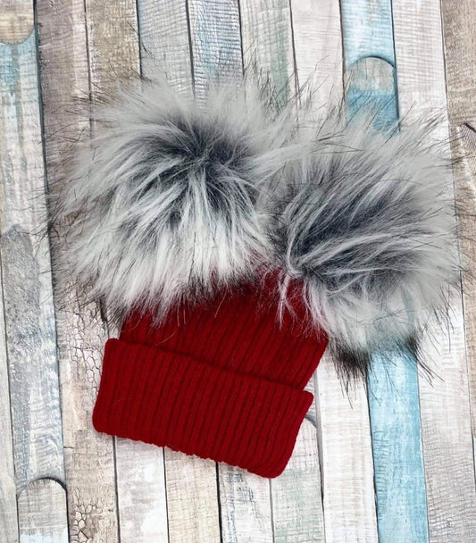 Red Knitted Double Grey Fluffy Faux Fur Pom Hat - Nana B Baby & Childrenswear Boutique
