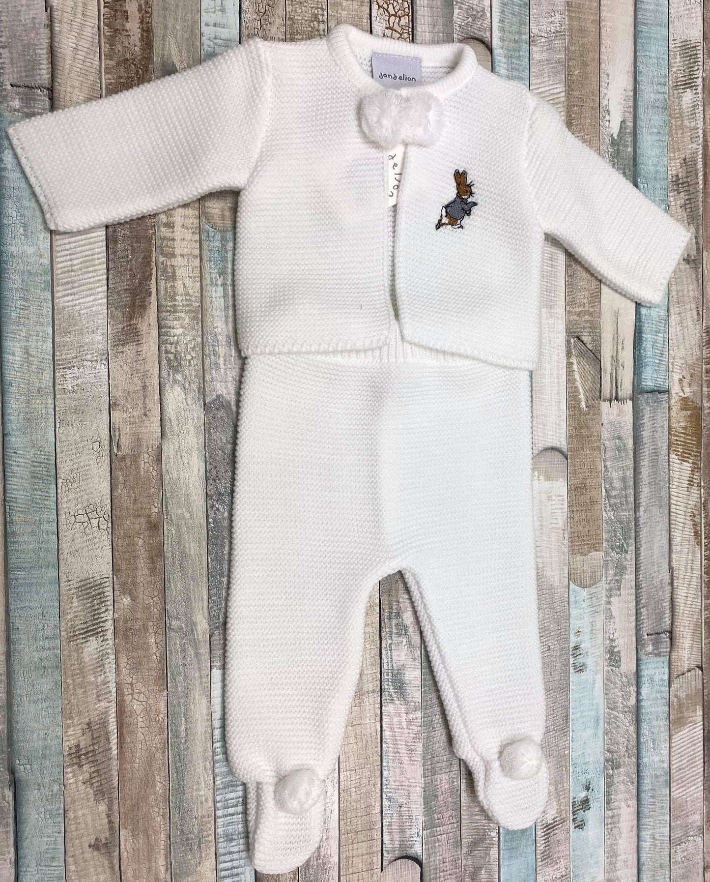 Unisex Baby White Knitted Pom Set With Embroidered Rabbit Design - Nana B Baby & Childrenswear Boutique