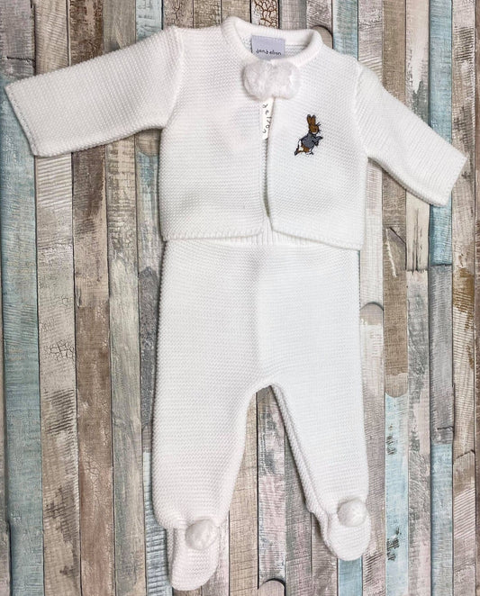 Unisex Baby White Knitted Pom Set With Embroidered Rabbit Design - Nana B Baby & Childrenswear Boutique