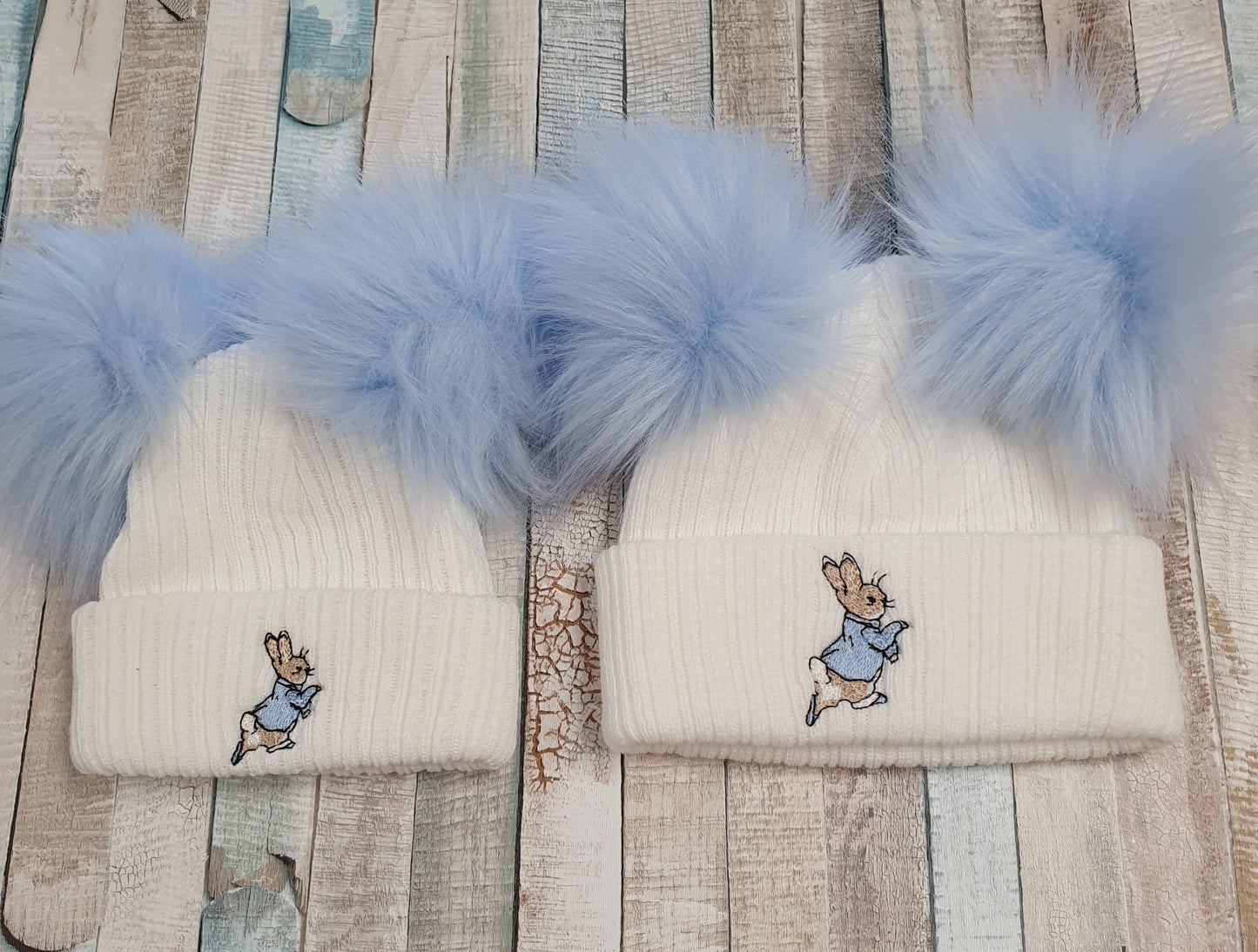 White Double Blue Fluffy Faux Fur Pom Hat With Blue Rabbit - Nana B Baby & Childrenswear Boutique