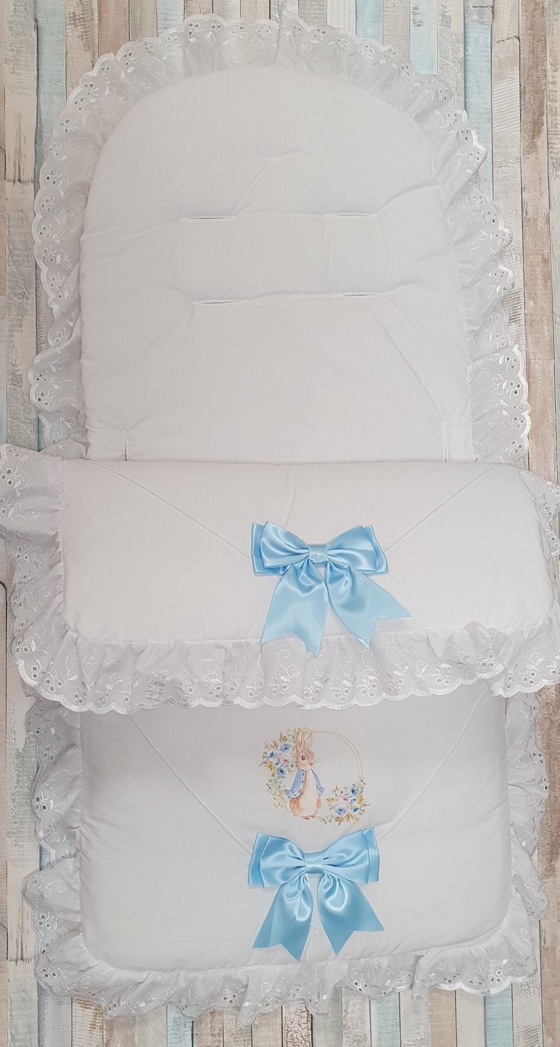White Footmuff/Cosytoes With Dainty Blue Printed Rabbit with 2 Bows - Nana B Baby & Childrenswear Boutique