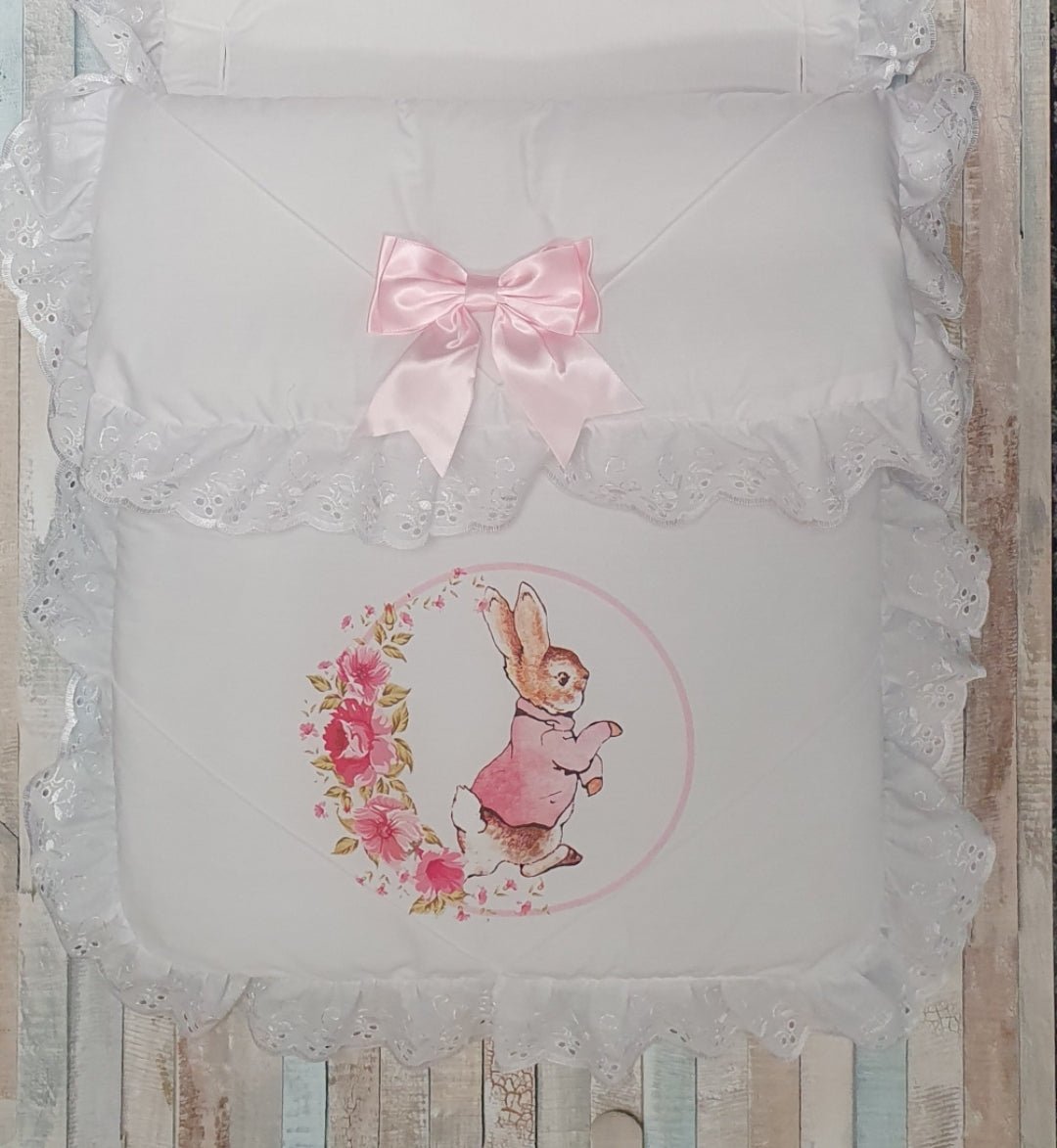 White Footmuff/Cosytoes With Pink Printed Rabbit - Nana B Baby & Childrenswear Boutique