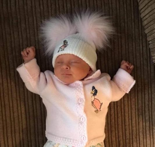 White Hat With Pink Rabbit Double Pink Fluffy Faux Fur Pom Pom Hat - Nana B Baby & Childrenswear Boutique