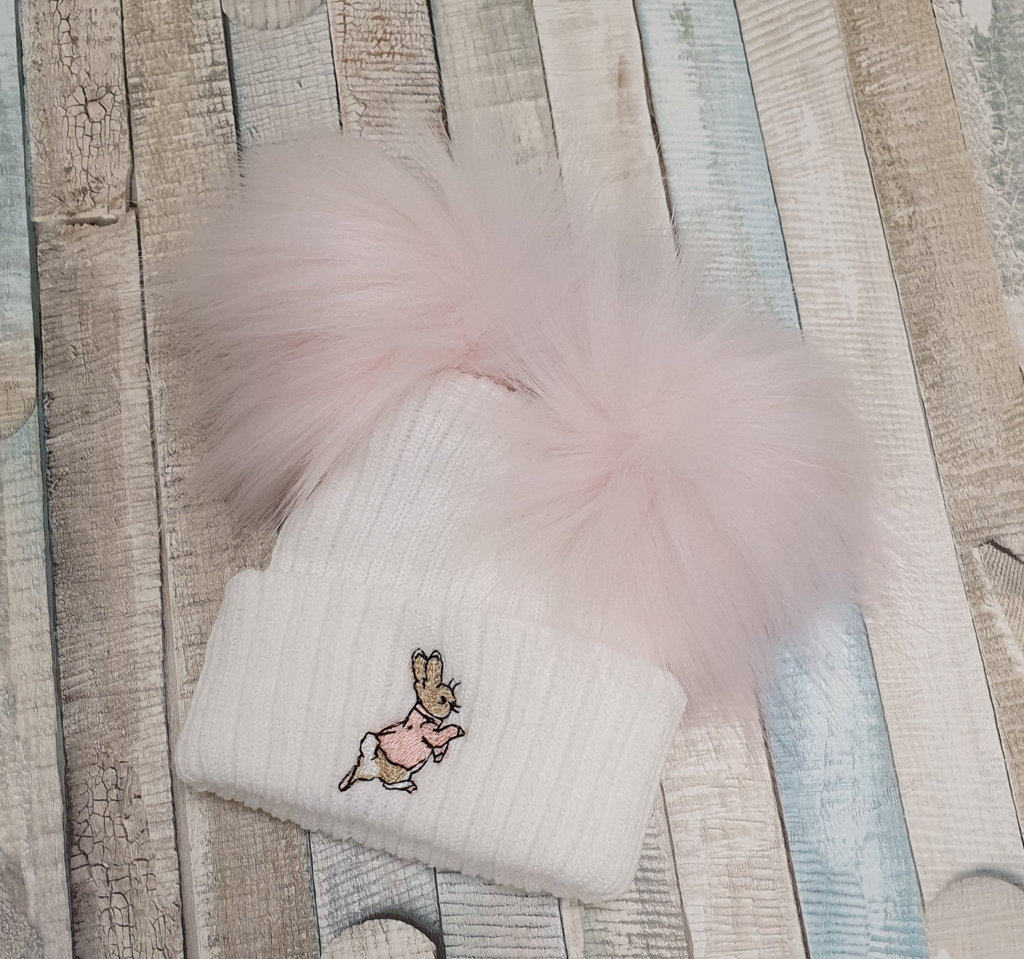 White Hat With Pink Rabbit Double Pink Fluffy Faux Fur Pom Pom Hat - Nana B Baby & Childrenswear Boutique