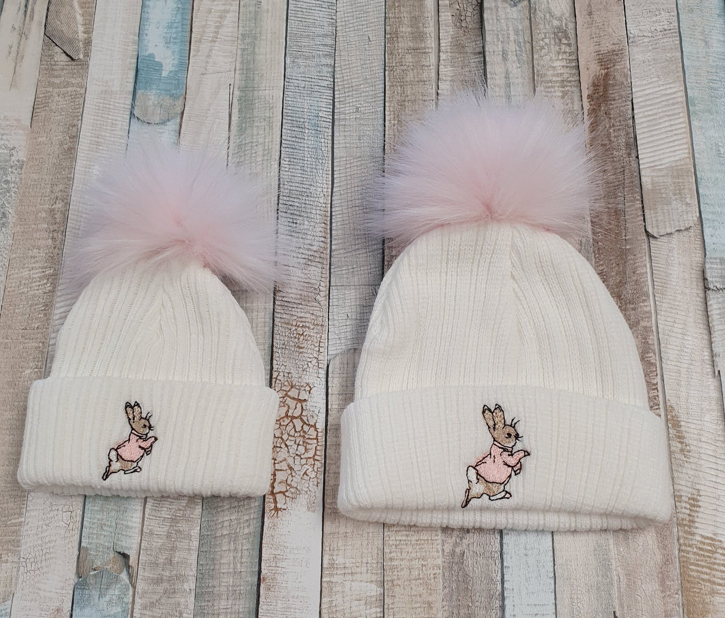 White Knitted Pink Rabbit Pink Fluffy Faux Fur Pom Hat - Nana B Baby & Childrenswear Boutique