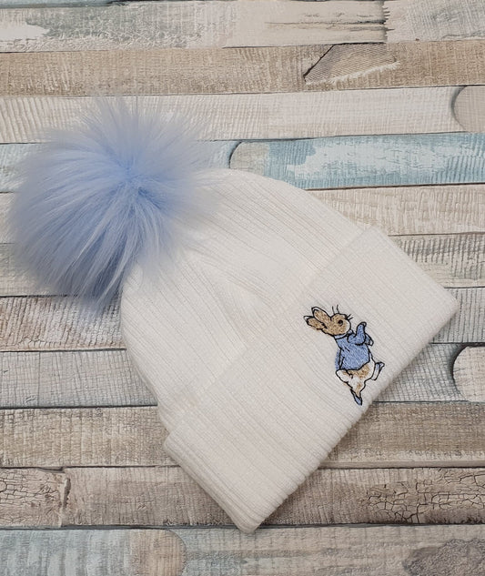 White Knitted Rabbit Hat Blue Fluffy Faux fur Pom - Nana B Baby & Childrenswear Boutique