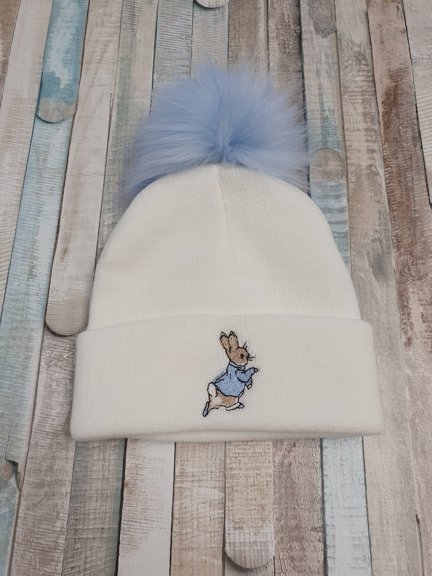 White Knitted Rabbit Hat Blue Fluffy Faux fur Pom - Nana B Baby & Childrenswear Boutique