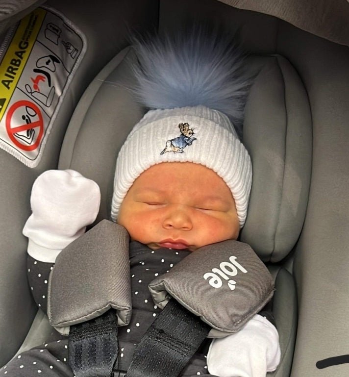 White Knitted Rabbit Hat Blue Fluffy Faux fur Pom - Nana B Baby & Childrenswear Boutique