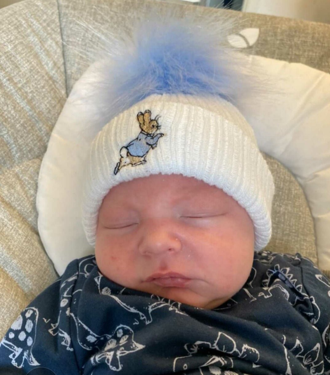 White Knitted Rabbit Hat Blue Fluffy Faux fur Pom - Nana B Baby & Childrenswear Boutique