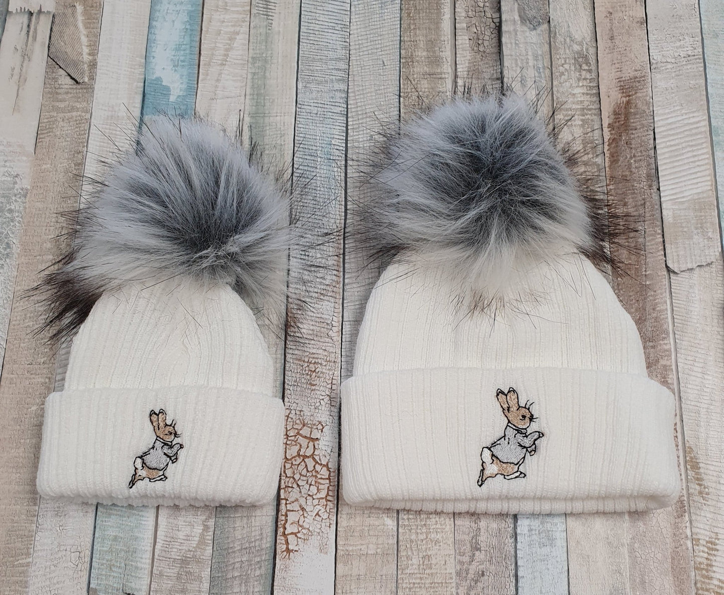 White Knitted Rabbit Single Grey Fluffy Faux Fur Pom Hat - Nana B Baby & Childrenswear Boutique
