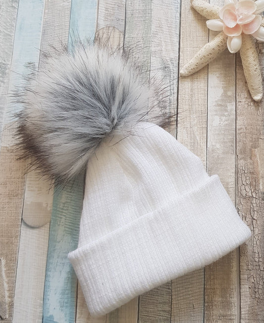 White Knitted Single Grey Fluffy Faux Fur Pom Hat - Nana B Baby & Childrenswear Boutique