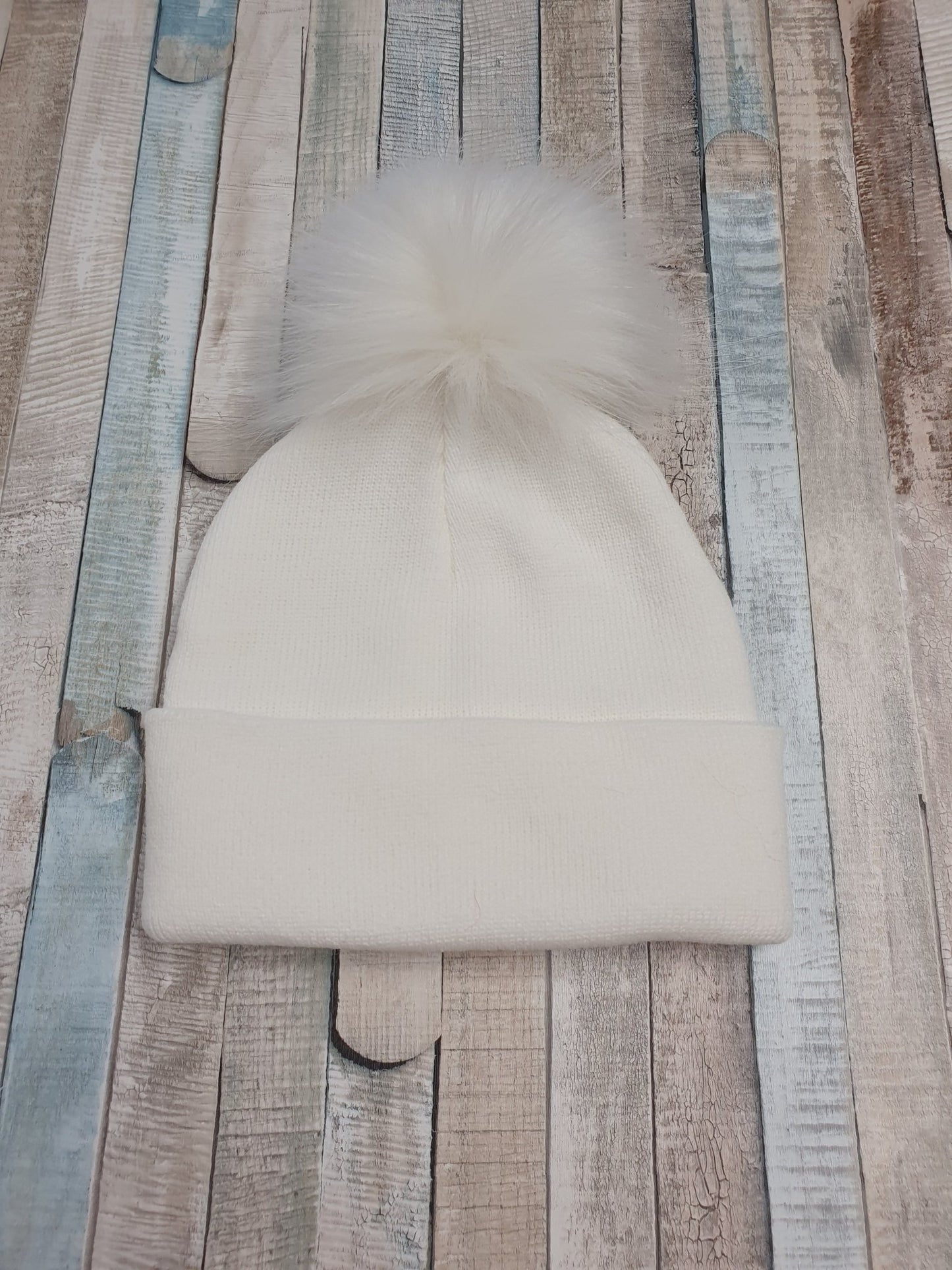 White Knitted Single White Fluffy Faux Fur Pom Hat - Nana B Baby & Childrenswear Boutique