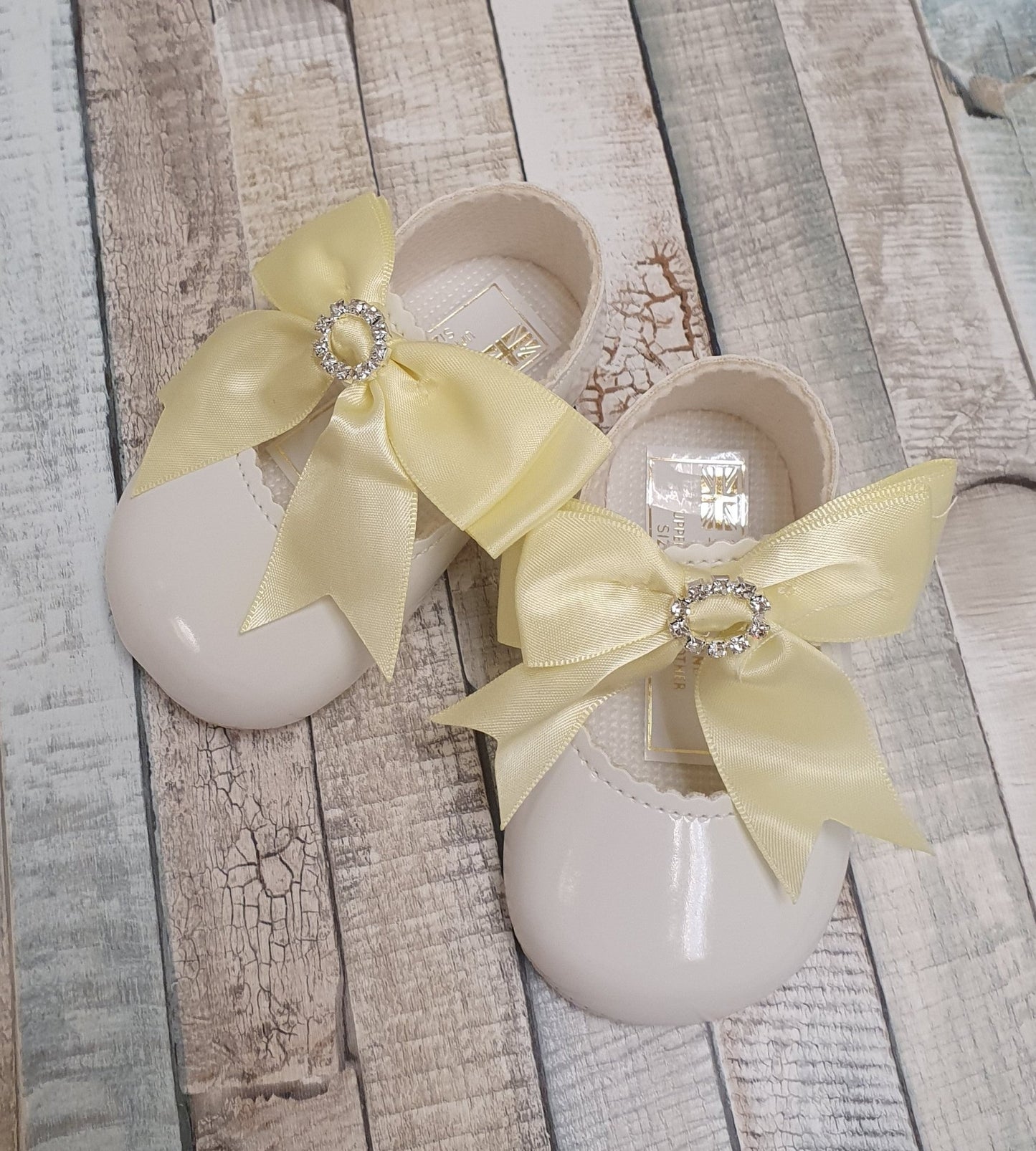 White Patent Soft Bottom Diamante Pram Shoe With Lemon Bow - Nana B Baby & Childrenswear Boutique