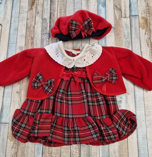 Baby Girls Red Tartan Dress With Matching Jacket & Hat
