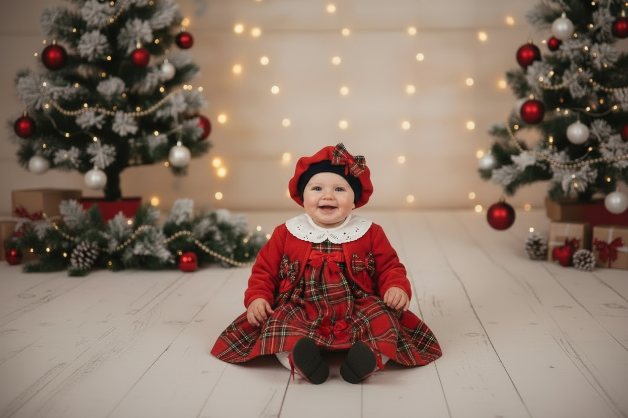 Baby Girls Red Tartan Dress With Matching Jacket & Hat