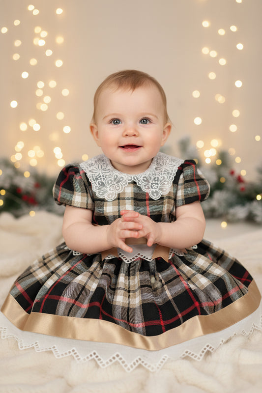 Baby Girls Black And Gold Lace Tartan Dress