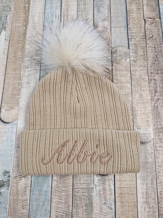 Personalised Baby Beige Single Fluffy Faux Fur Pom Knitted Hat