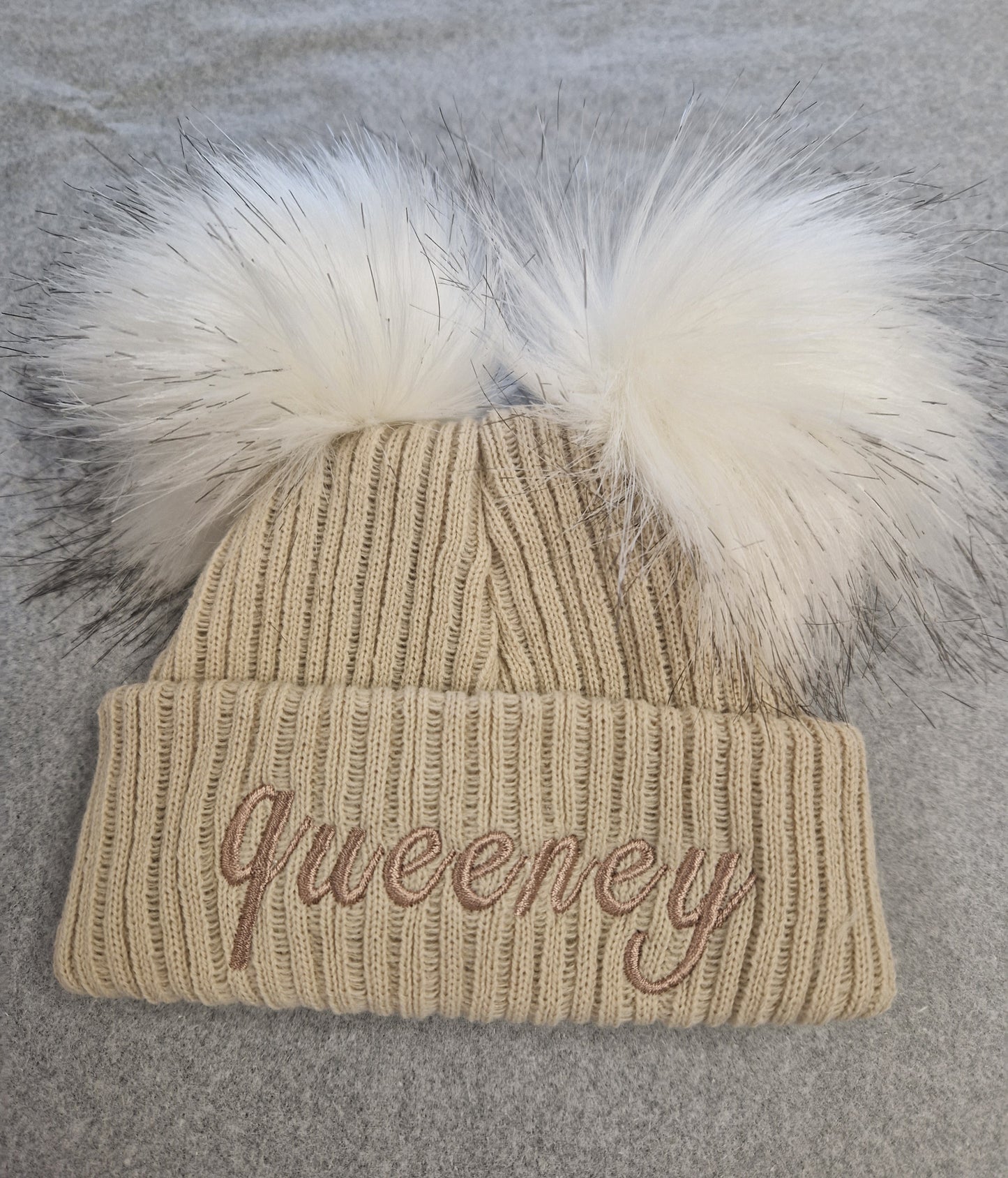 Personalised Baby Beige Double Fluffy Faux Fur Pom Knitted Hat