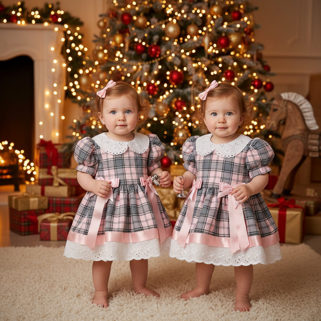 Baby Girls Grey Pink Tartan Dress