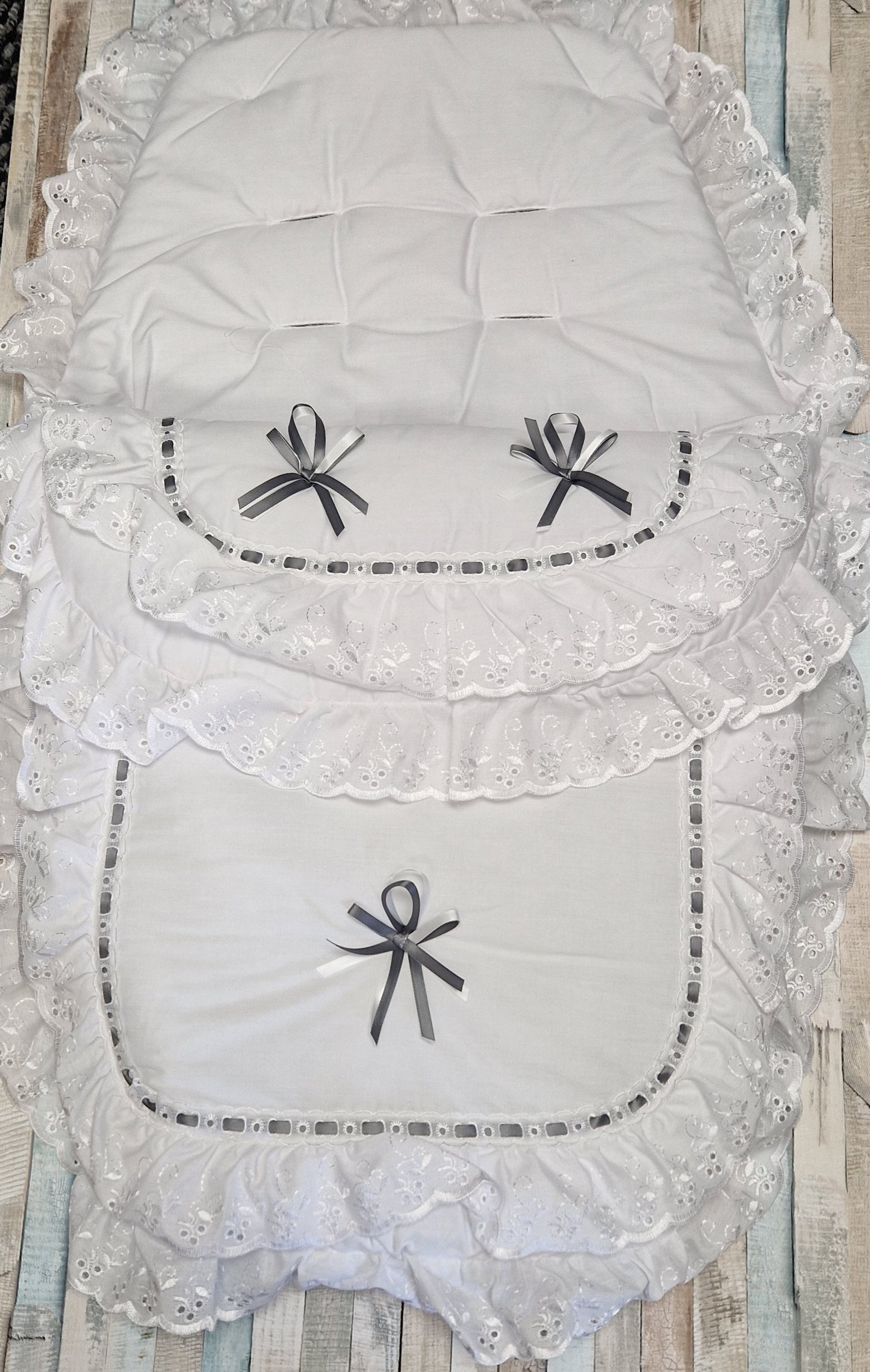 White & Grey  Broderie Anglaise 3 Bow Footmuff/Cosytoes