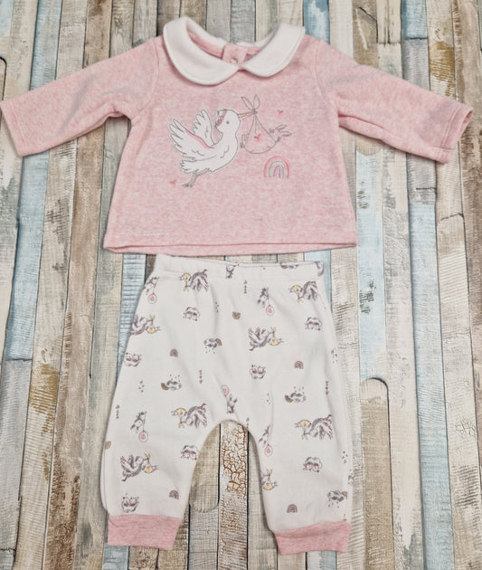 Baby Girls Cute Stork And Bunny Pink Marl 2 Piece Set