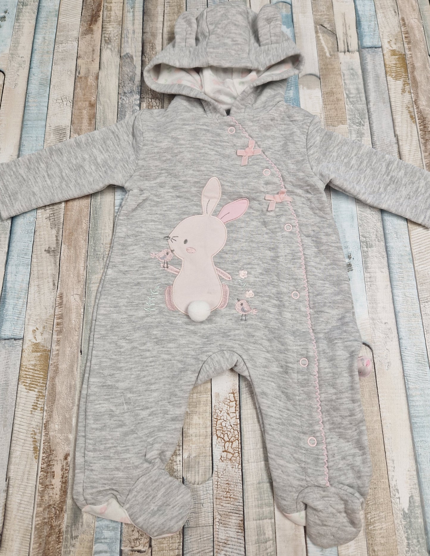 Baby Girls Grey And Pink Bunny Pram Suit