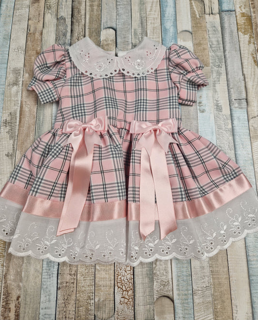 Baby Girls Pink And Grey Tartan Dress With