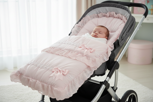 Baby Girls Pink Frill Universal Pushchair Footmuff With  Pink Satin Bow To Side
