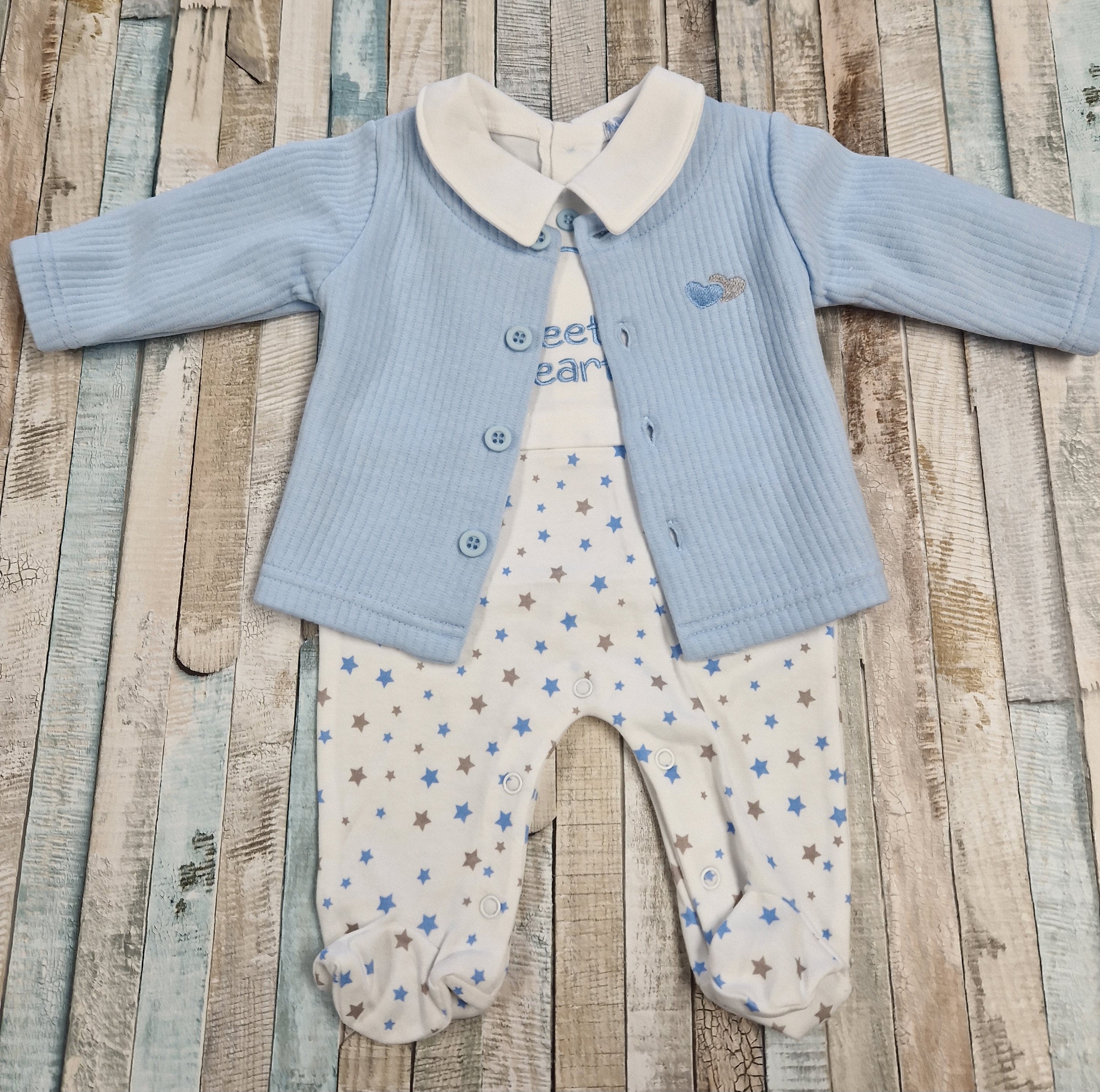 Baby Boys Blue And White Stars And Sweetheart Babygro And Cardigan Set ...