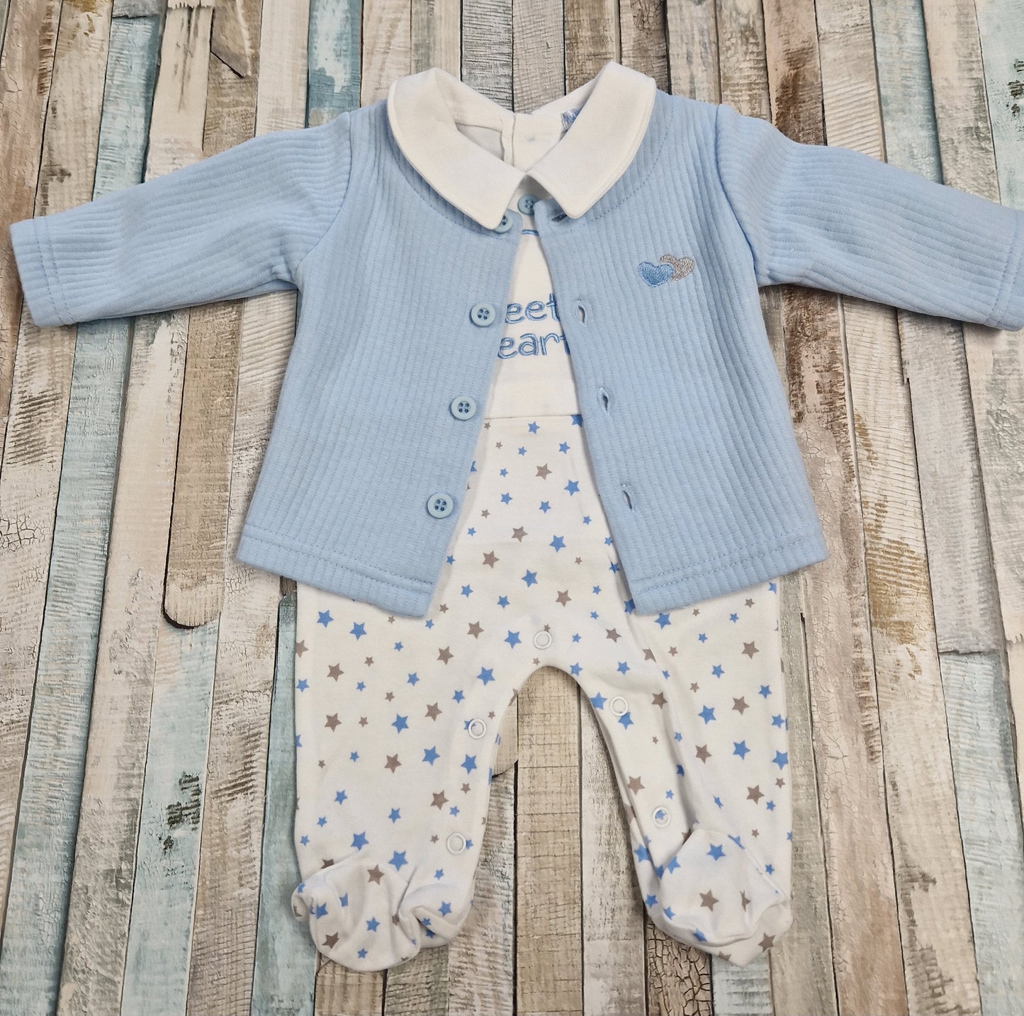 Baby Boys Blue And White Stars And Sweetheart Babygro And Cardigan Set