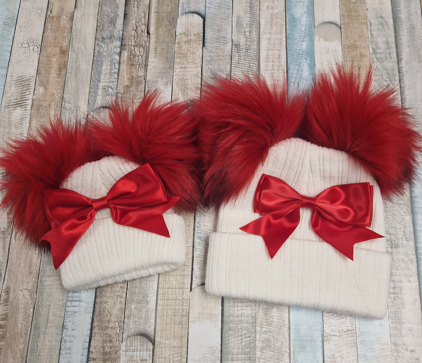 Baby Girls White And Red Bow And Fluffy Double Pom Hat