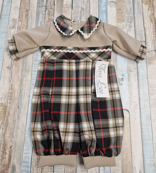 Baby Boys Beige And Tartan Checked Romper
