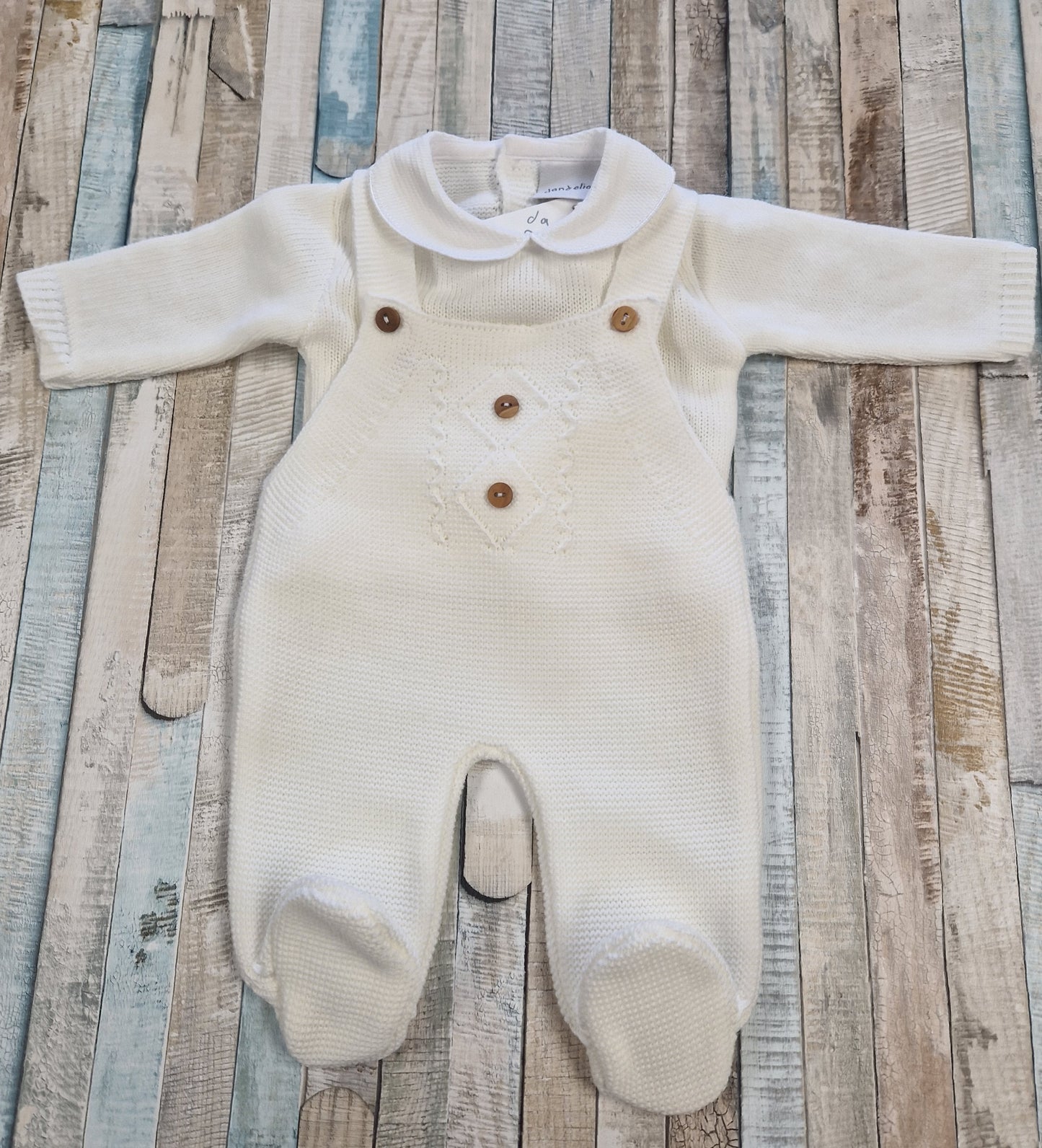 Unisex Baby White Dandelion Knitted Dungaree Set