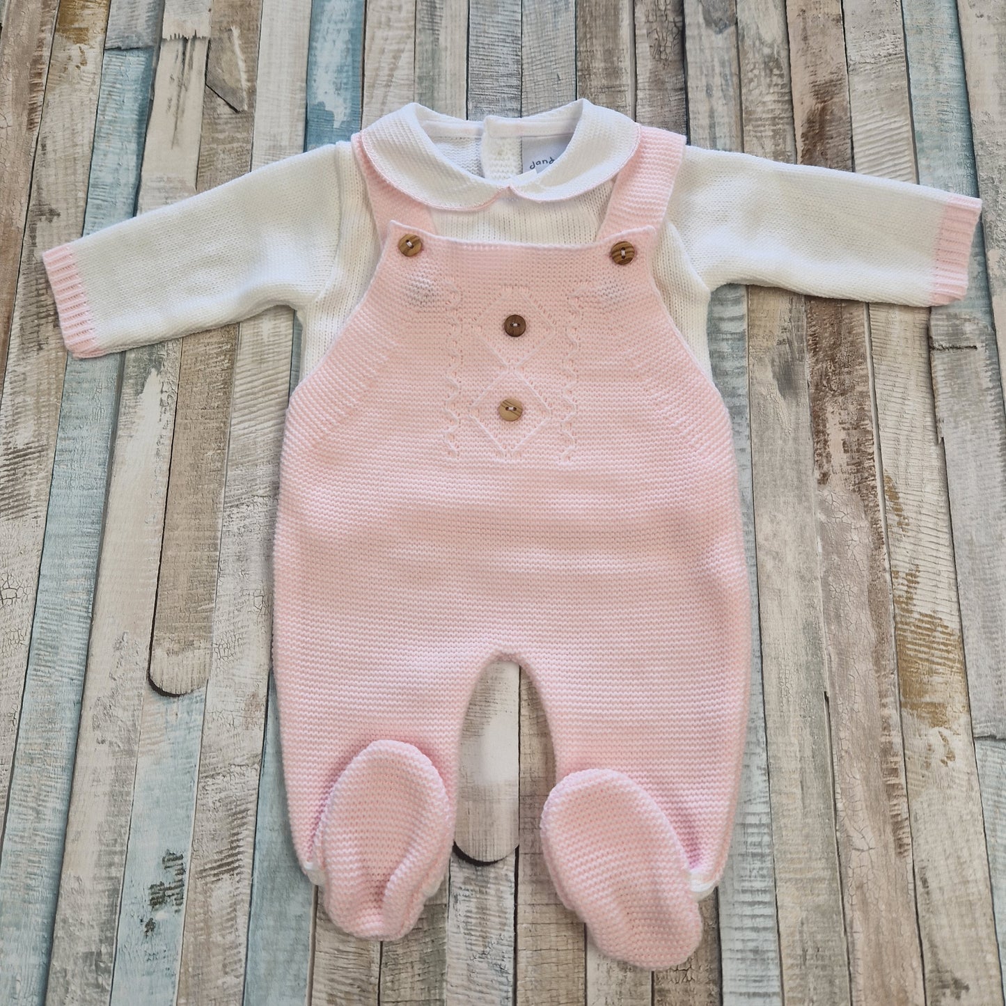 Baby Girls Pink And White Dandelion Knitted Dungaree Set