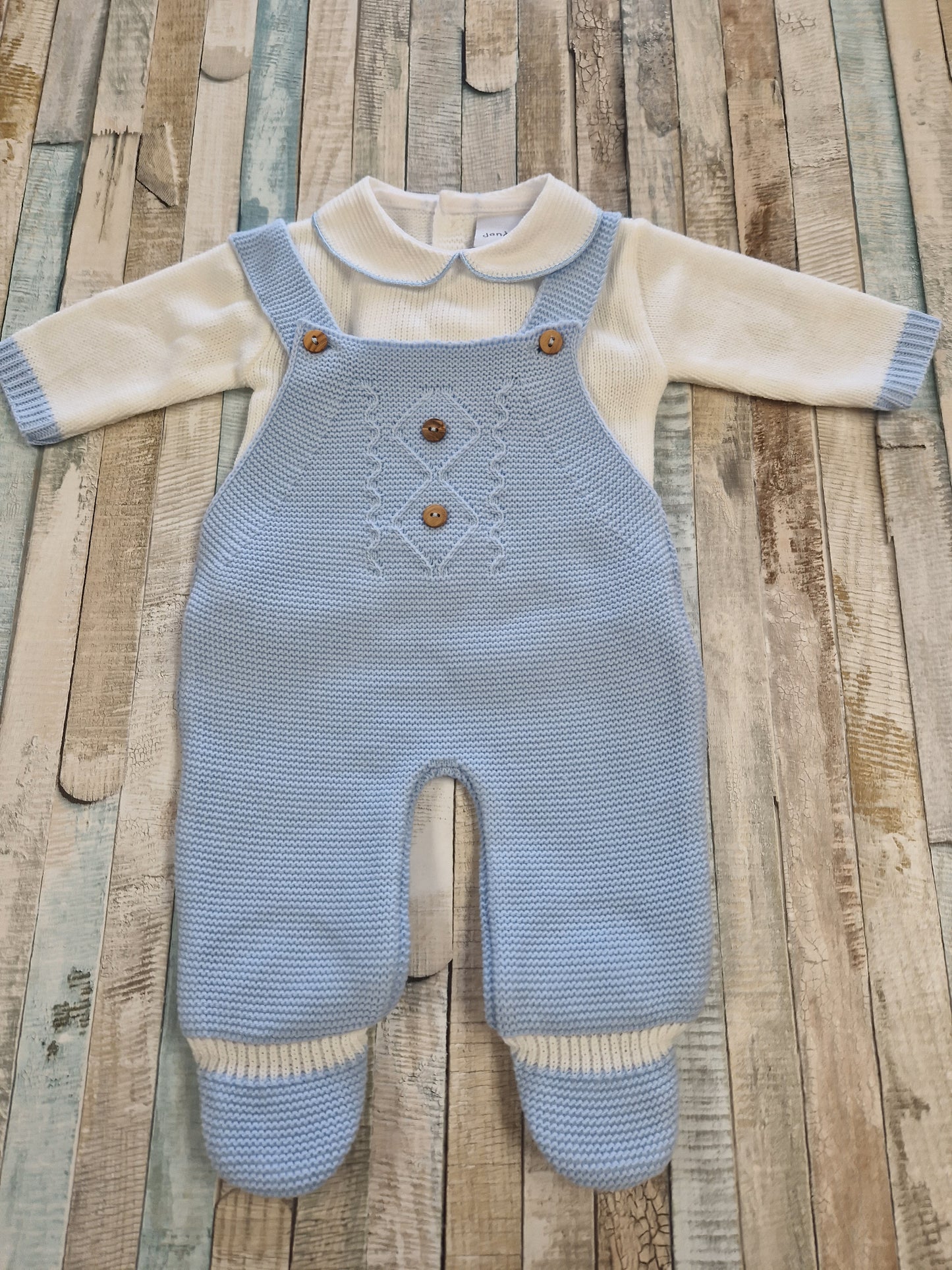 Baby Boys Blue And White Dandelion Knitted Dungaree Set