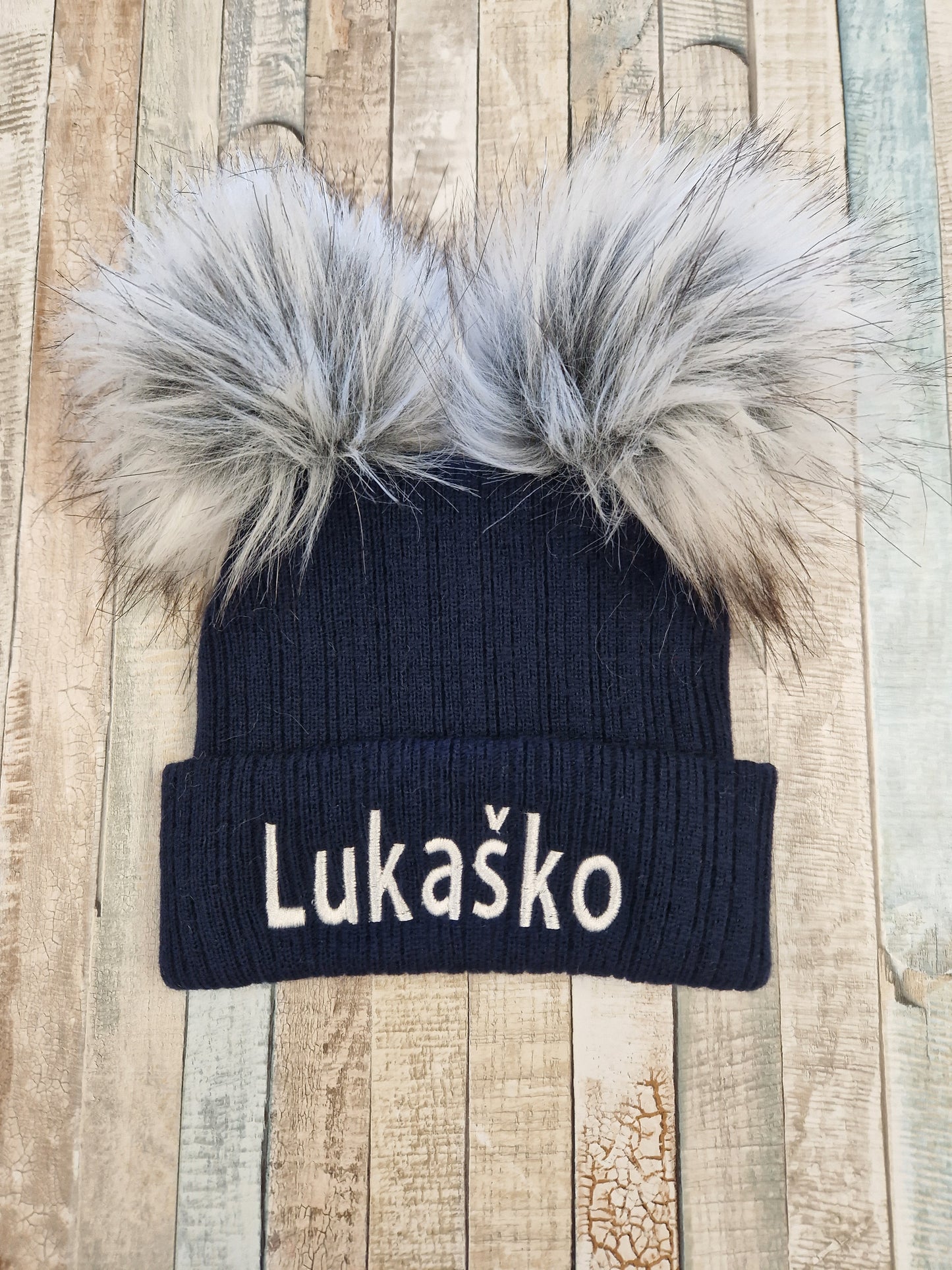 Personalised Baby Navy Knitted Double Grey Fluffy Faux Fur Pom Hat