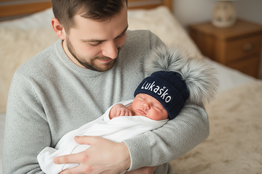 Personalised Baby Navy Knitted Double Grey Fluffy Faux Fur Pom Hat