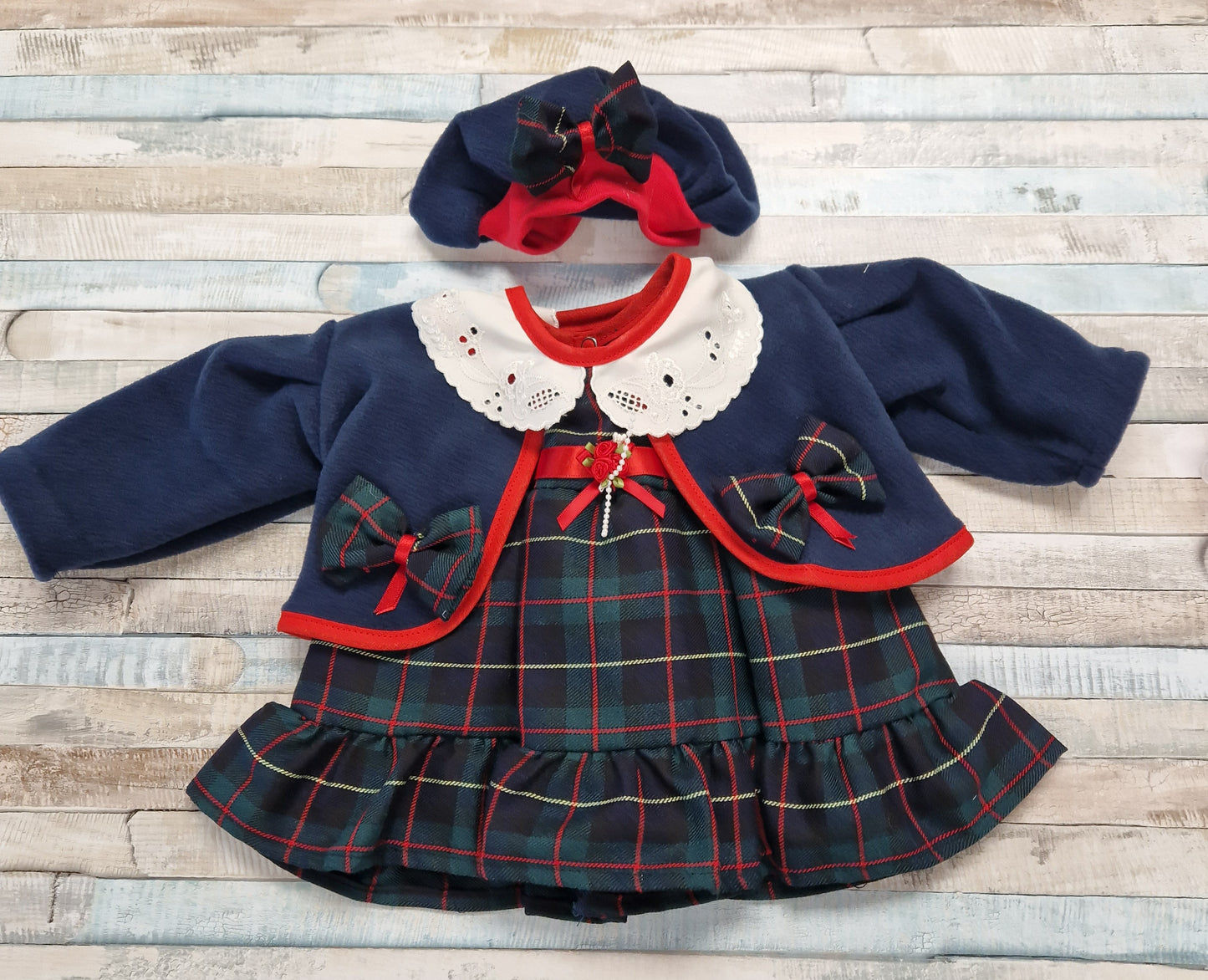 Baby Girls Navy And Green Tartan Dress With Matching Jacket & Hat