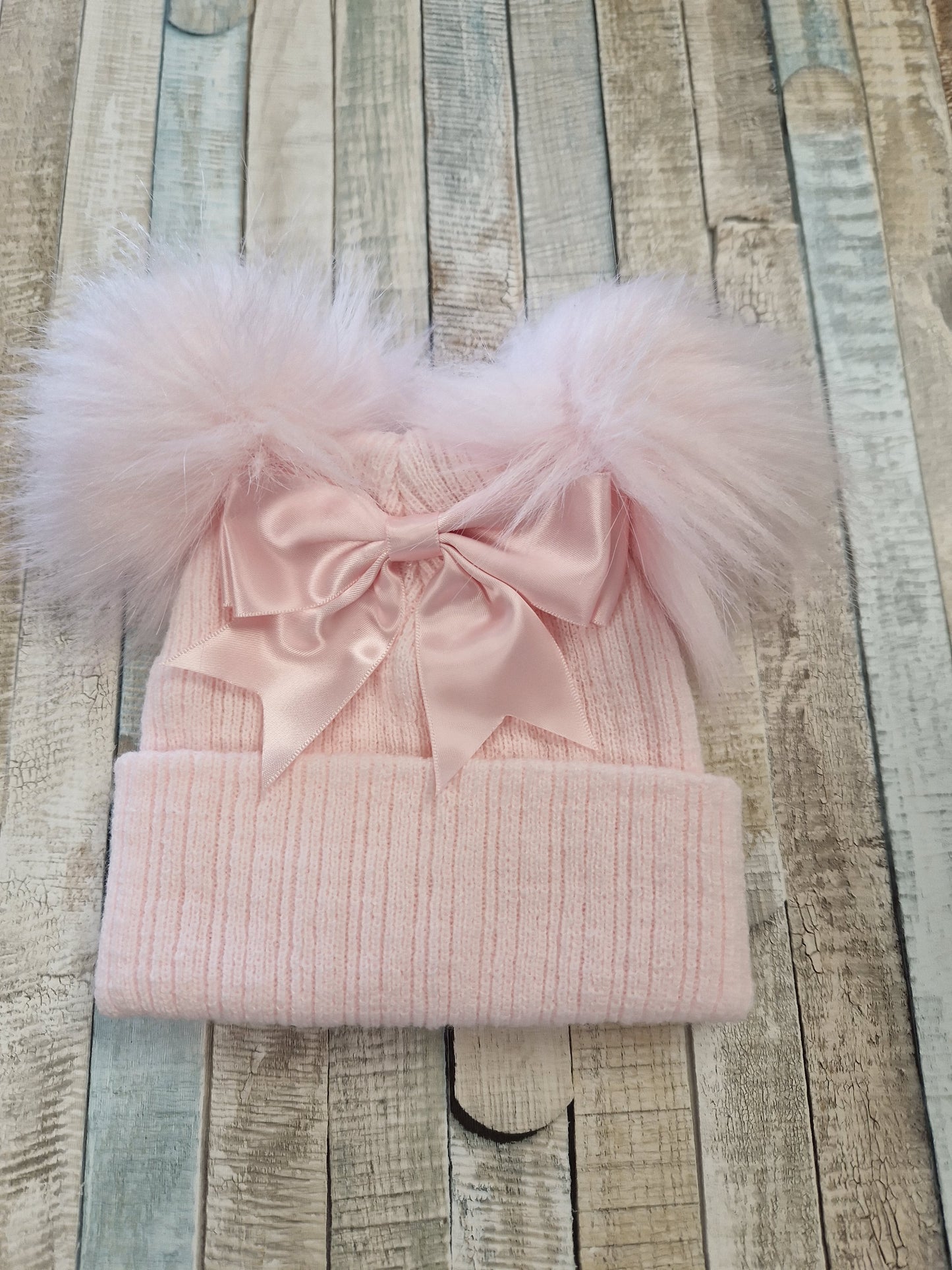 Baby Girls Pink Satin Bow And Fluffy Double Pom Hat