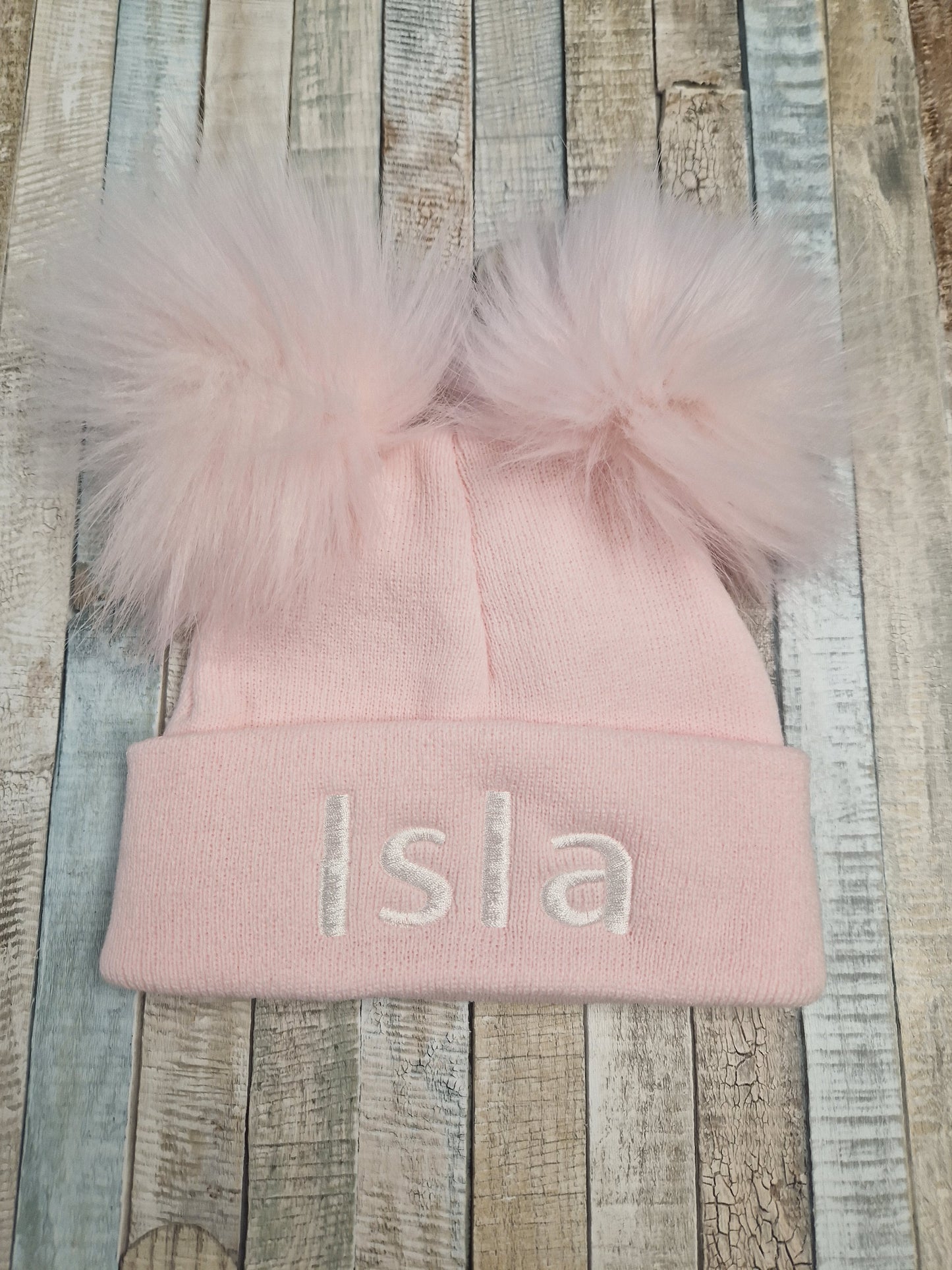 Personalised Baby  Pink Knitted Double Pink Fluffy Faux Fur Pom Hat