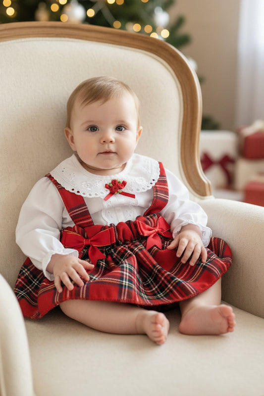 Baby Girls Red Tartan Dungaree Jam Pants Set