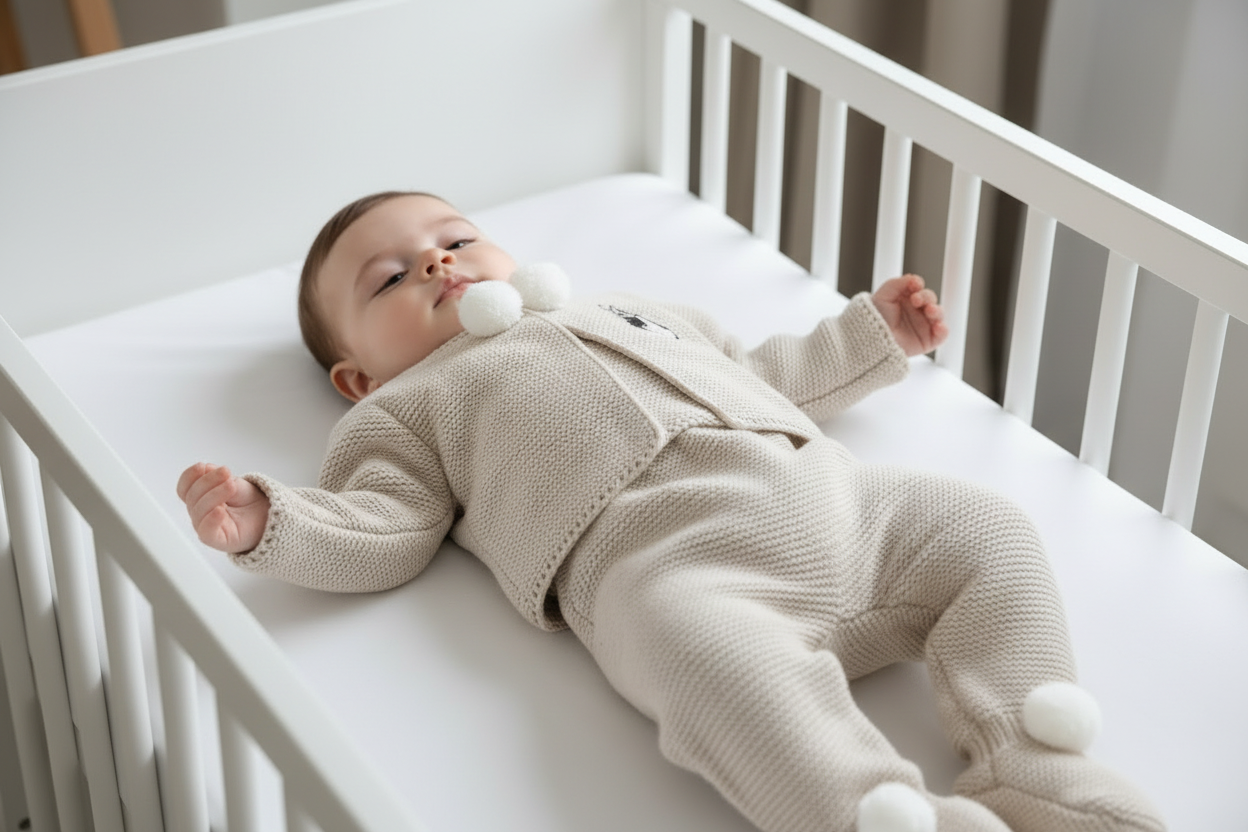 Unisex Baby Beige Knitted Pom Pom Set With Brown Embroidered Rabbit Design
