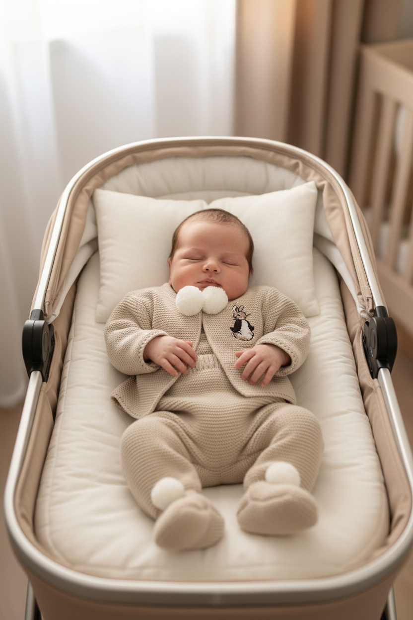 Unisex Baby Beige Knitted Pom Pom Set With Brown Embroidered Rabbit Design
