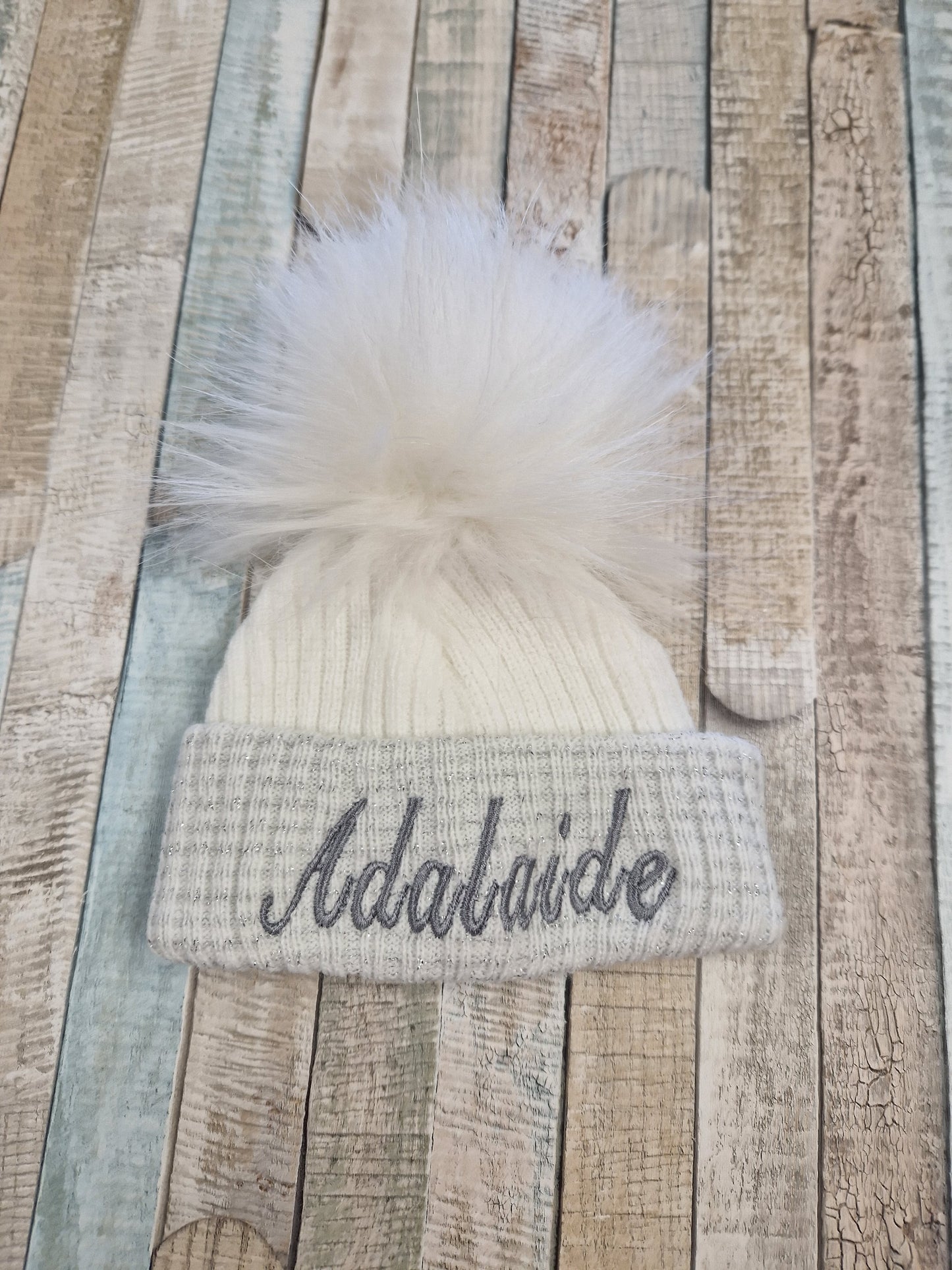 Personalised Baby First Size Ribbed Single Fluffy Faux Fur Pom Hats